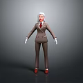 3D Female Character In Brown Suit With White Hair Red Tie White Gloves Red Shoes