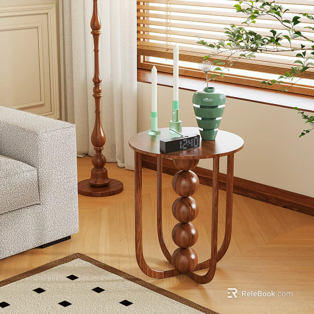 Modern Wooden Side Table with Ball Base Green Vase White Candles and Black Clock 3d model 