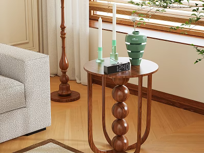 Modern Wooden Side Table with Ball Base Green Vase White Candles and Black Clock 3d model
