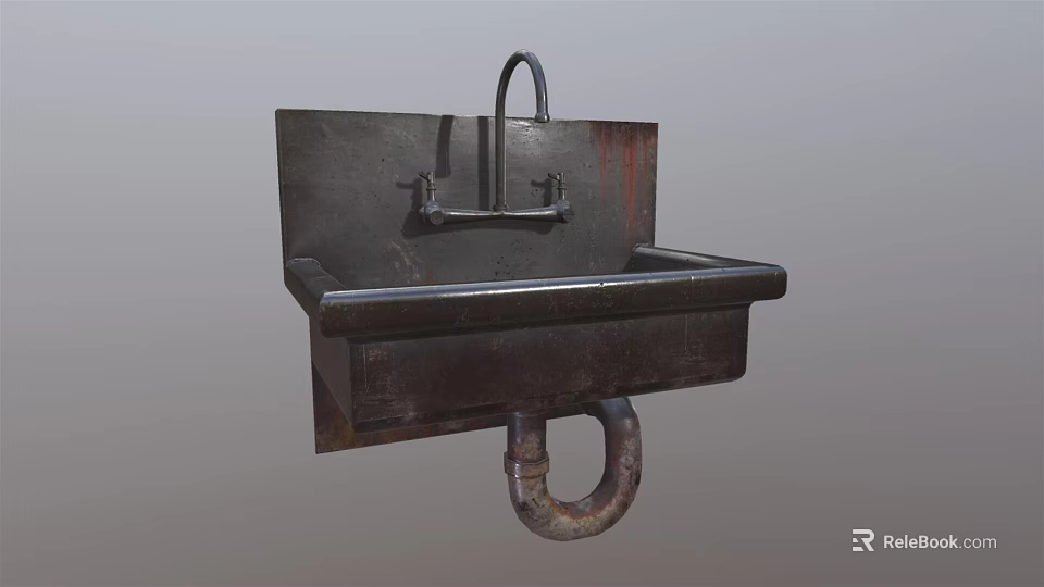 Vintage Wall Mounted Metal Washbasin With Curved Faucet And Drain Pipe 3d model 