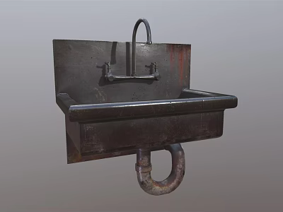Vintage Wall Mounted Metal Washbasin With Curved Faucet And Drain Pipe 3d model