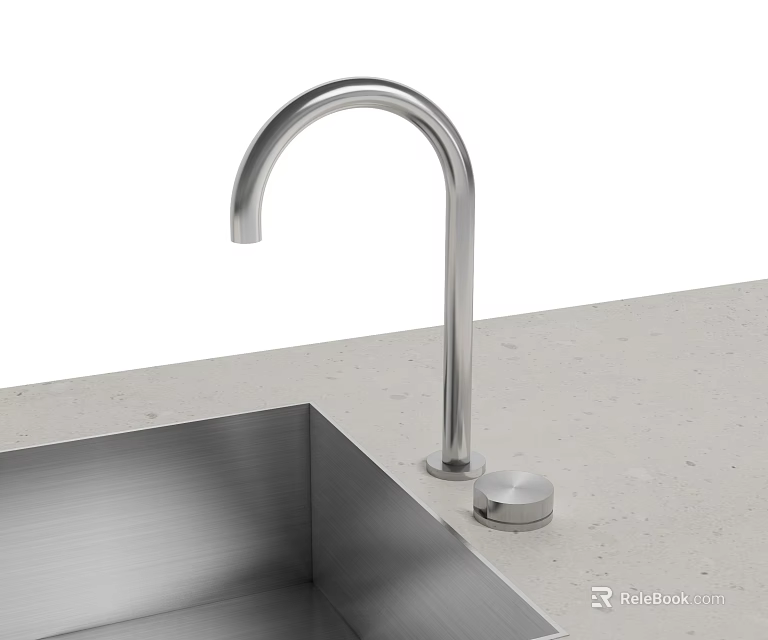 Stainless Steel Kitchen Sink With Modern Curved Faucet On Concrete Countertop 3d model 