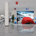 Auto Dealership Showroom With Red Covered Car Staff Large Screen And Balloon Decorations