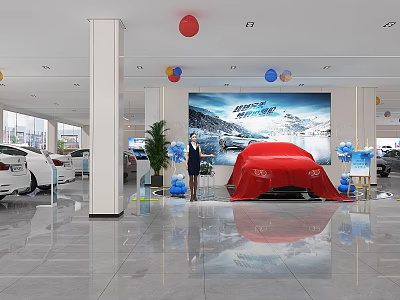 Auto Dealership Showroom With Red Covered Car Staff Large Screen And Balloon Decorations 3d model