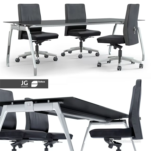Modern Office Desk And Chair Set With Black Swivel Chairs And Metal Frame 3d model 