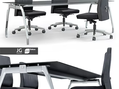 Modern Office Desk And Chair Set With Black Swivel Chairs And Metal Frame 3d model