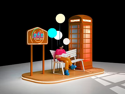 Yuledao Neon Sign With Orange Phone Booth Person Reading Book On Bench And Colorful Balloons 3d model