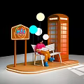 Yuledao Neon Sign With Orange Phone Booth Person Reading Book On Bench And Colorful Balloons