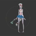 3D Female Game Character With White Long Hair Red Headpiece Blue Skirt And Bell Weapon