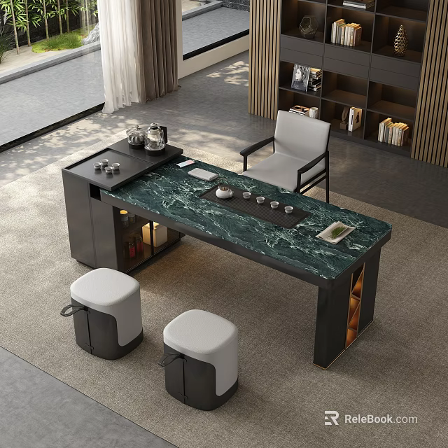 Modern Elegant Tea Room Interior With Green Marble Tea Table Tea Sets And White Stools 3d model