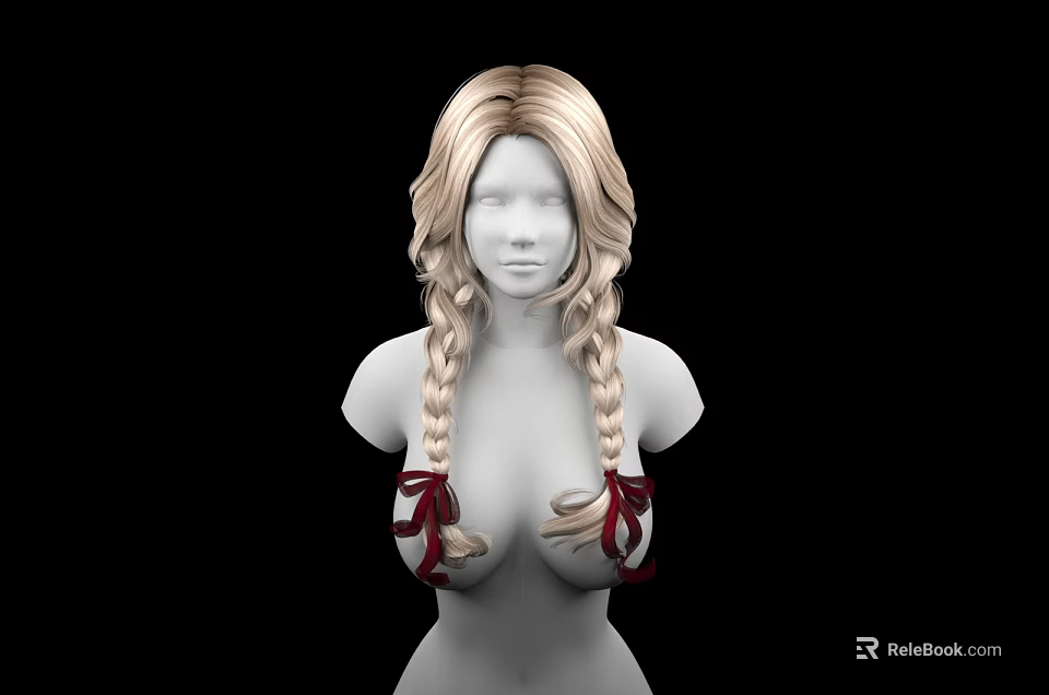 Long Blonde Double Braided Hair On Female Figure With Red Ribbons Decorating Chest 3d model 