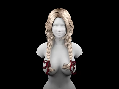 Long Blonde Double Braided Hair On Female Figure With Red Ribbons Decorating Chest 3d model