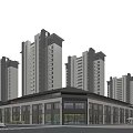 Vibrant Commercial Street with Low Rise Shops High Rise Buildings Pedestrians and Green Trees