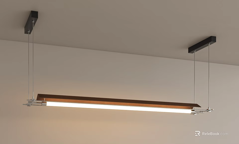 Modern Long Wooden And Metal Pendant Light Hanging From Ceiling Fixture 3d model 
