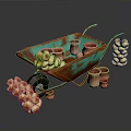 Rusted Turquoise Wheelbarrow Decorative Arrangement With Clay Pots Bagel Bunches And Small Clay Vessels