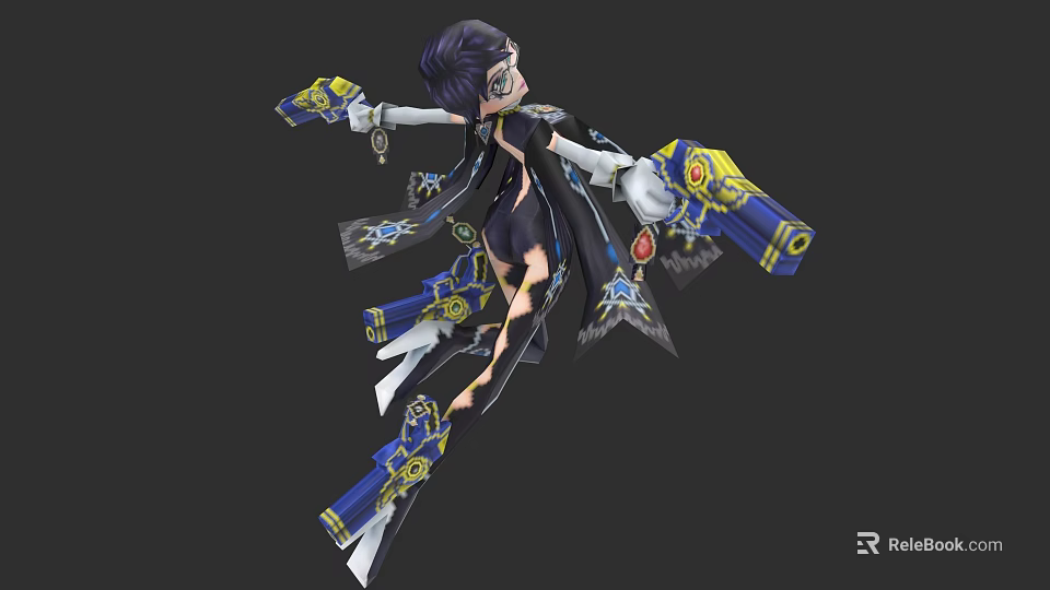 Game Character With Purple Hair Glasses Black Outfit And Blue Yellow Mechanical Gear 3d model 