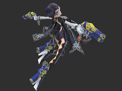 Game Character With Purple Hair Glasses Black Outfit And Blue Yellow Mechanical Gear 3d model