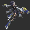 Game Character With Purple Hair Glasses Black Outfit And Blue Yellow Mechanical Gear