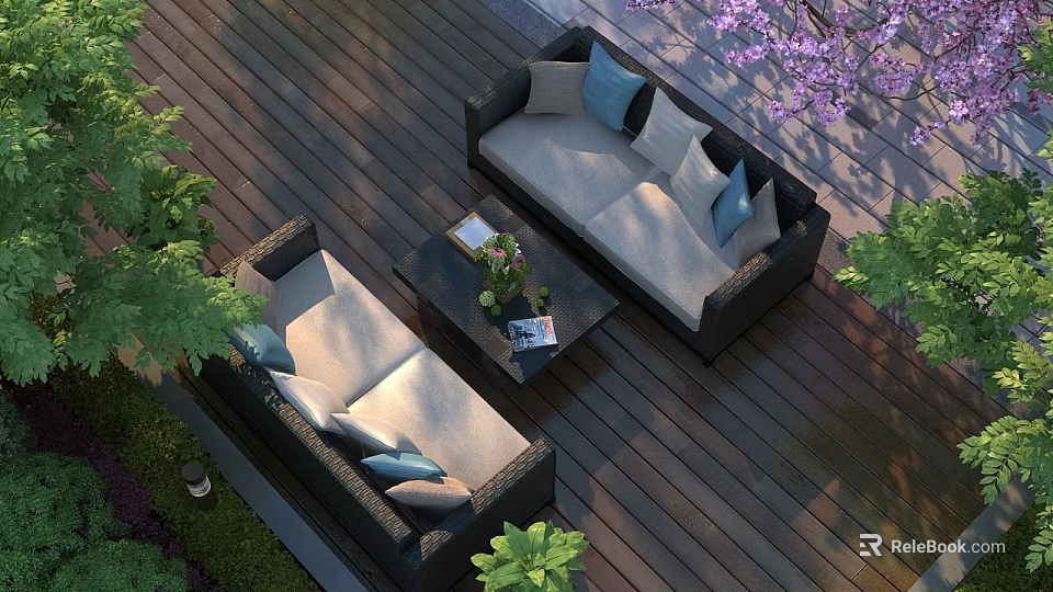 Modern Outdoor Patio With Wicker Sofas Light Gray Blue Cushions Wooden Deck And Green Plants 3d model 