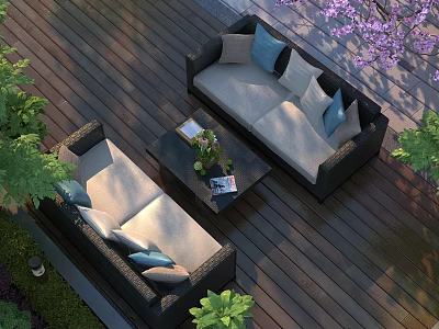 Modern Outdoor Patio With Wicker Sofas Light Gray Blue Cushions Wooden Deck And Green Plants 3d model