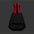 Elegant Red Corset Dress With Black Patterned Skirt And Lace Up Design