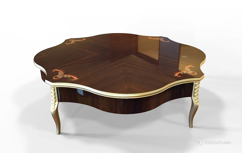 Luxury Dark Wood Coffee Table With Curved Edges Gold Accents And Elegant Legs 3d model 