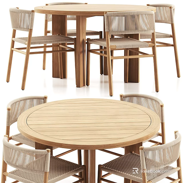 Stylish Round Wooden Dining Table Set With Woven Chairs And Natural Finish 3d model 