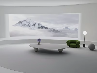 Minimalist Light Gray Living Room Design With Panoramic Snow Mountain View And Stylish Comfortable Furniture 3d model