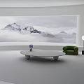 Minimalist Light Gray Living Room Design With Panoramic Snow Mountain View And Stylish Comfortable Furniture
