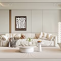 Modern Living Room Interior With Light Colored Sofa Geometric Wall Art And Round Coffee Table