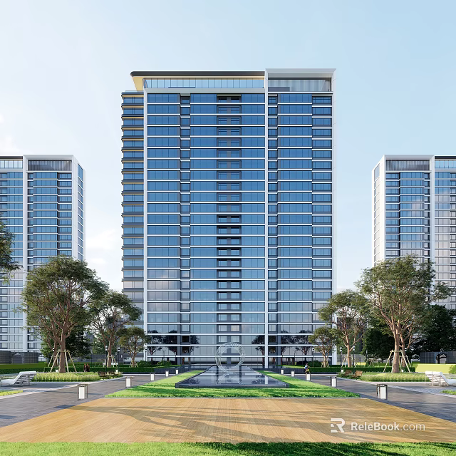 Modern High Rise Residential Complex With Glass Curtain Wall And Surrounding Trees And Lawn 3d model 