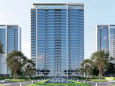 Modern High Rise Residential Complex With Glass Curtain Wall And Surrounding Trees And Lawn 3d model