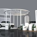 White Cars On Modern Display Platform With Circular Canopies White Pillars And Green Plants