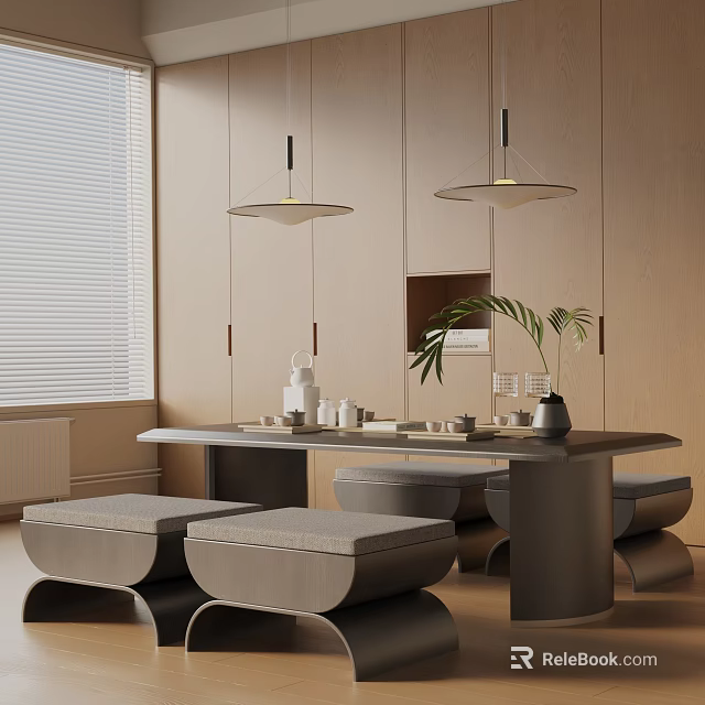 Modern Tea Room With Beige Cabinets Long Table Tea Sets Low Stools And Pendant Lights 3d model 