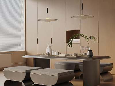 Modern Tea Room With Beige Cabinets Long Table Tea Sets Low Stools And Pendant Lights 3d model