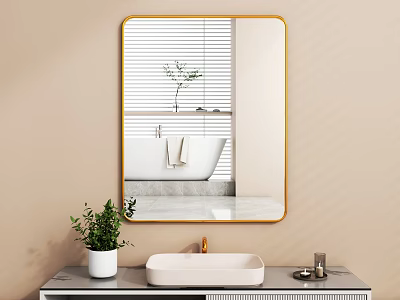 Gold Framed Mirror In Modern Bathroom With Sink And Potted Plant 3d model