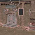Rustic Adobe Interior With Metal Door Columns Hanging Devices And Crates