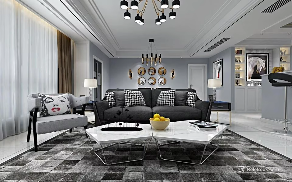 Modern Living Room Interior With Gray Sofa Checkered Cushions And Round Wall Decorations 3d model 