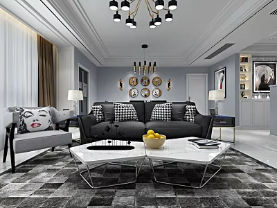 Modern Living Room Interior With Gray Sofa Checkered Cushions And Round Wall Decorations 3d model