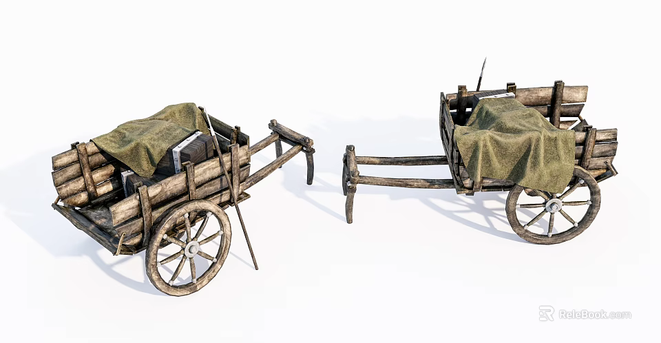 Old Fashioned Vintage Wooden Carts With Green Canvas Cover And Spoked Wheels 3d model 