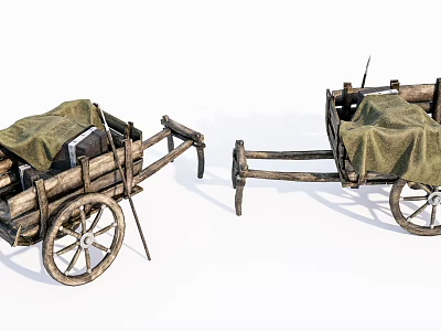 Old Fashioned Vintage Wooden Carts With Green Canvas Cover And Spoked Wheels 3d model