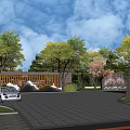 Modern Wooden Roof Building With Central Courtyard Large Glass Windows Landscaping And Parking Area