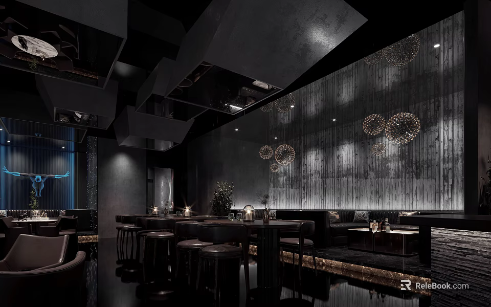 Modern Bar Interior With Dark Wooden Walls Decorative Lamps And High Stools 3d model 