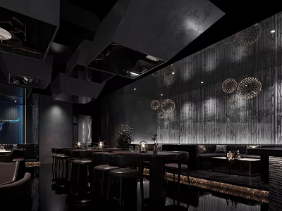 Modern Bar Interior With Dark Wooden Walls Decorative Lamps And High Stools 3d model