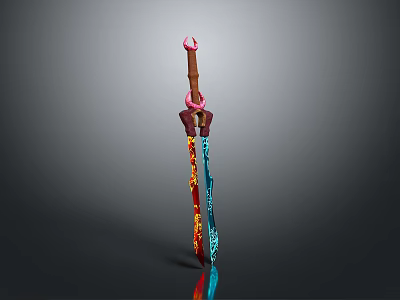 Decorative Fantasy Weapon Sword With Pink Tip Brown Hilt Blue Red Blade And Ornate Patterns 3d model