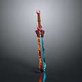 Decorative Fantasy Weapon Sword With Pink Tip Brown Hilt Blue Red Blade And Ornate Patterns