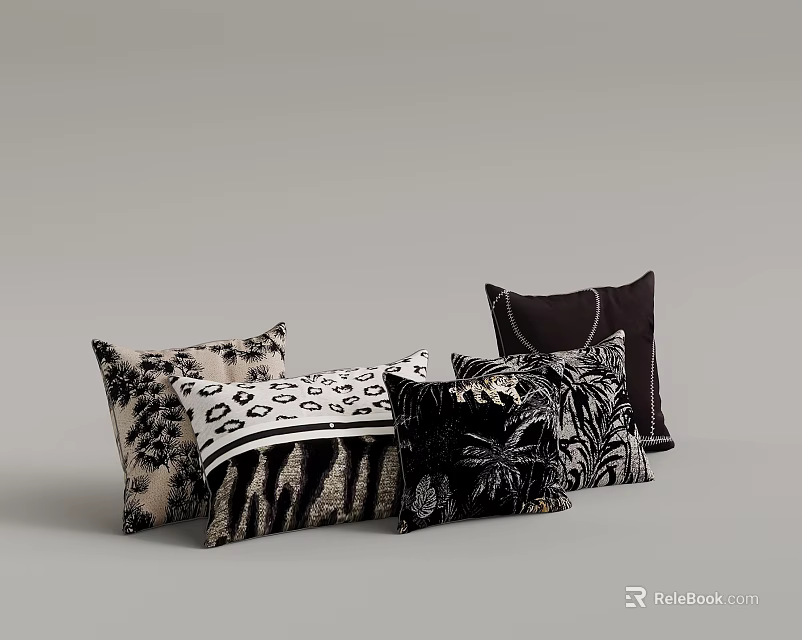 Stylish Decorative Throw Pillows With Leopard Zebra And Geometric Patterns 3d model 