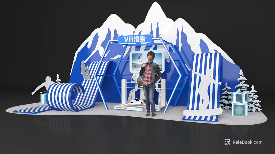 VR Ski Interactive Zone With Snow Mountain Backdrop And Interactive Equipment 3d model 