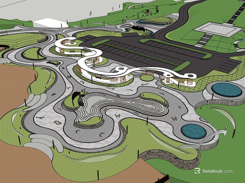 Park Landscape Design Featuring Winding Paths Green Lawns And Water Ponds 3d model 