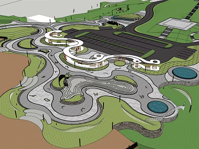 Park Landscape Design Featuring Winding Paths Green Lawns And Water Ponds 3d model